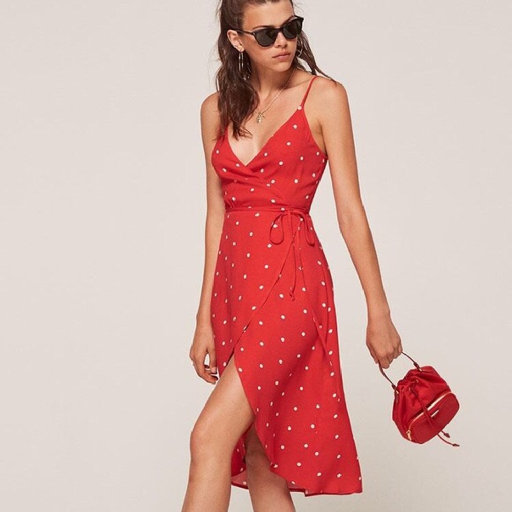 🍎 Xs reformation red white polka dress